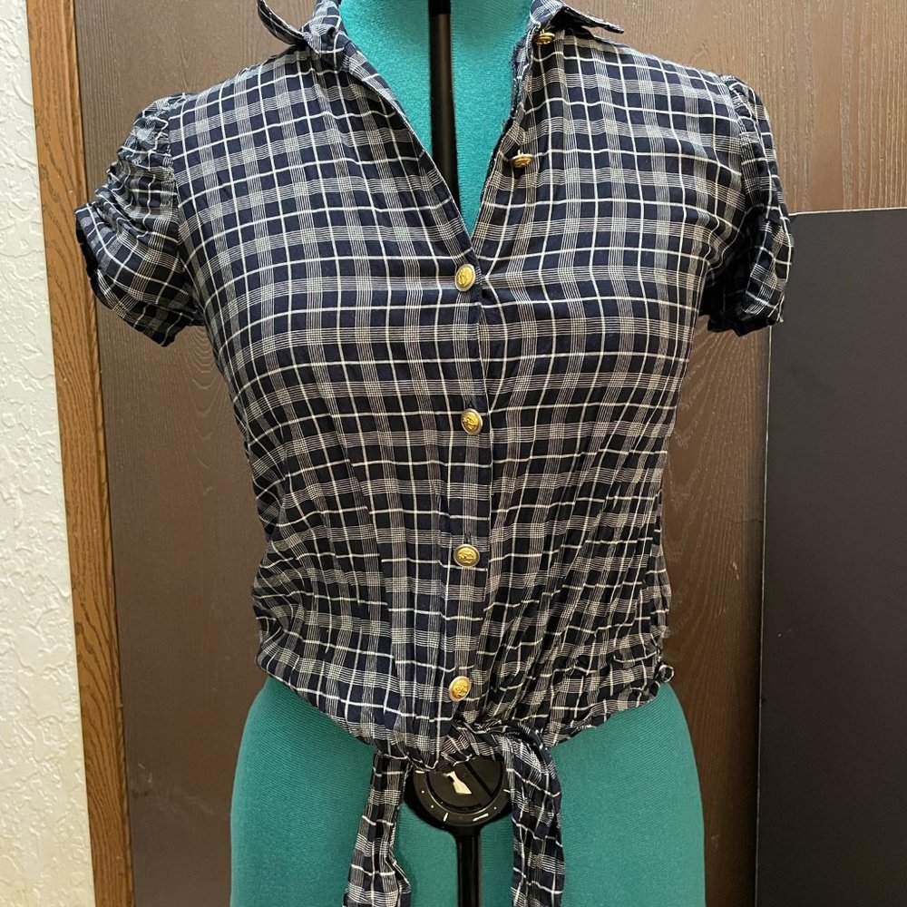 Button Up Plaid Short Sleeve Black Top Blouse Size Small